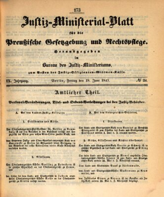 Justiz-Ministerialblatt für die preußische Gesetzgebung und Rechtspflege Freitag 18. Juni 1847