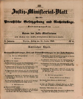 Justiz-Ministerialblatt für die preußische Gesetzgebung und Rechtspflege Freitag 13. Oktober 1848