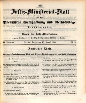 Justiz-Ministerialblatt für die preußische Gesetzgebung und Rechtspflege Freitag 10. August 1849