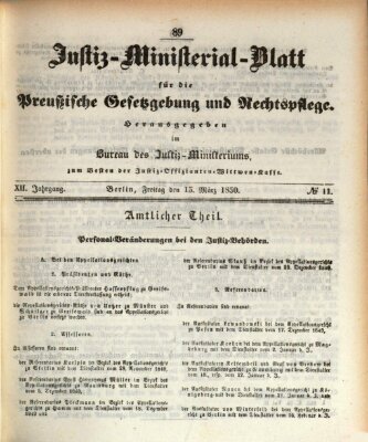 Justiz-Ministerialblatt für die preußische Gesetzgebung und Rechtspflege Freitag 15. März 1850