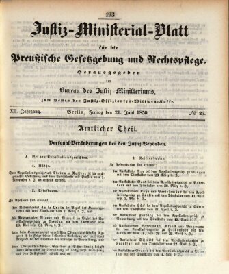 Justiz-Ministerialblatt für die preußische Gesetzgebung und Rechtspflege Freitag 21. Juni 1850