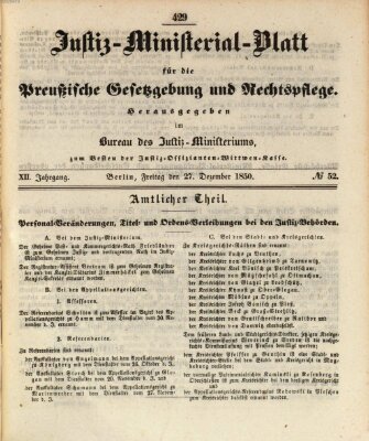 Justiz-Ministerialblatt für die preußische Gesetzgebung und Rechtspflege Freitag 27. Dezember 1850