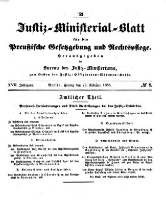 Justiz-Ministerialblatt für die preußische Gesetzgebung und Rechtspflege Freitag 23. Februar 1855