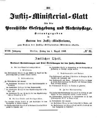 Justiz-Ministerialblatt für die preußische Gesetzgebung und Rechtspflege Freitag 1. August 1856