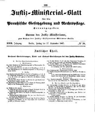 Justiz-Ministerialblatt für die preußische Gesetzgebung und Rechtspflege Freitag 27. September 1867