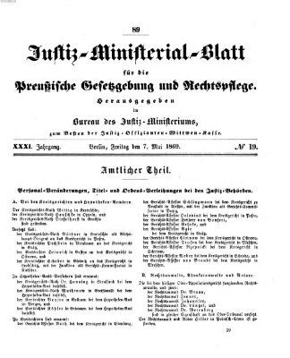 Justiz-Ministerialblatt für die preußische Gesetzgebung und Rechtspflege Freitag 7. Mai 1869