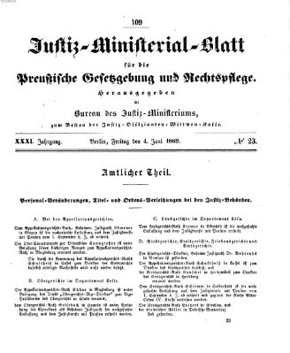 Justiz-Ministerialblatt für die preußische Gesetzgebung und Rechtspflege Freitag 4. Juni 1869