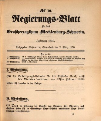 Regierungsblatt für Mecklenburg-Schwerin (Großherzoglich-Mecklenburg-Schwerinsches officielles Wochenblatt) Samstag 2. März 1850