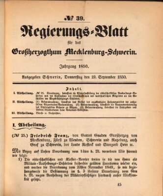 Regierungsblatt für Mecklenburg-Schwerin (Großherzoglich-Mecklenburg-Schwerinsches officielles Wochenblatt) Donnerstag 19. September 1850