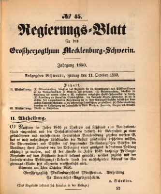 Regierungsblatt für Mecklenburg-Schwerin (Großherzoglich-Mecklenburg-Schwerinsches officielles Wochenblatt) Freitag 11. Oktober 1850