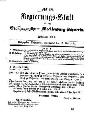 Regierungsblatt für Mecklenburg-Schwerin (Großherzoglich-Mecklenburg-Schwerinsches officielles Wochenblatt) Samstag 17. Mai 1851
