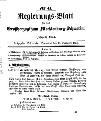Regierungsblatt für Mecklenburg-Schwerin (Großherzoglich-Mecklenburg-Schwerinsches officielles Wochenblatt) Samstag 13. Dezember 1851