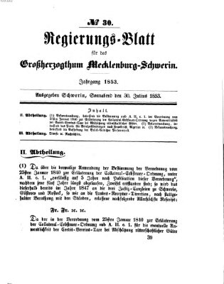 Regierungsblatt für Mecklenburg-Schwerin (Großherzoglich-Mecklenburg-Schwerinsches officielles Wochenblatt) Samstag 30. Juli 1853