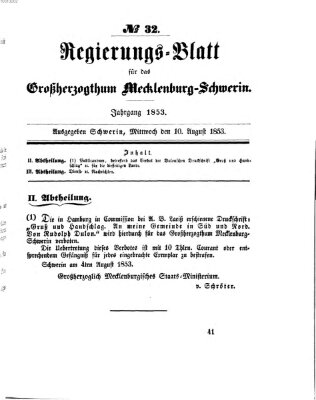 Regierungsblatt für Mecklenburg-Schwerin (Großherzoglich-Mecklenburg-Schwerinsches officielles Wochenblatt) Mittwoch 10. August 1853