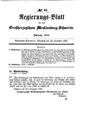 Regierungsblatt für Mecklenburg-Schwerin (Großherzoglich-Mecklenburg-Schwerinsches officielles Wochenblatt) Mittwoch 20. Dezember 1854