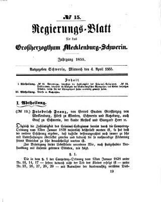 Regierungsblatt für Mecklenburg-Schwerin (Großherzoglich-Mecklenburg-Schwerinsches officielles Wochenblatt) Mittwoch 4. April 1855