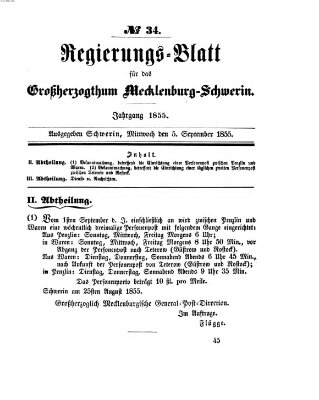 Regierungsblatt für Mecklenburg-Schwerin (Großherzoglich-Mecklenburg-Schwerinsches officielles Wochenblatt) Mittwoch 5. September 1855