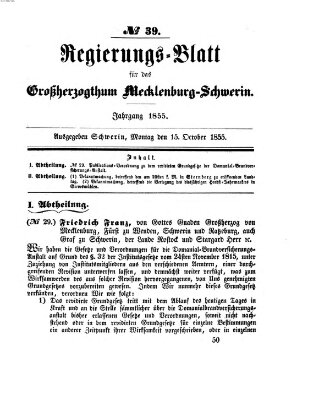 Regierungsblatt für Mecklenburg-Schwerin (Großherzoglich-Mecklenburg-Schwerinsches officielles Wochenblatt) Montag 15. Oktober 1855