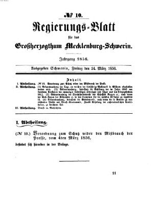 Regierungsblatt für Mecklenburg-Schwerin (Großherzoglich-Mecklenburg-Schwerinsches officielles Wochenblatt) Freitag 14. März 1856