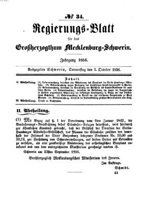 Regierungsblatt für Mecklenburg-Schwerin (Großherzoglich-Mecklenburg-Schwerinsches officielles Wochenblatt) Donnerstag 2. Oktober 1856