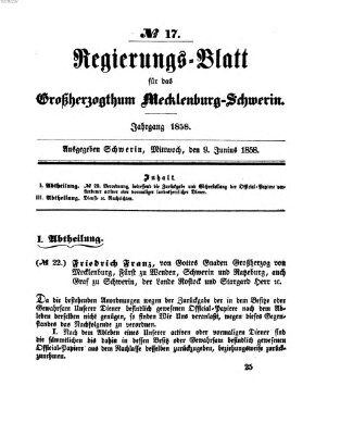 Regierungsblatt für Mecklenburg-Schwerin (Großherzoglich-Mecklenburg-Schwerinsches officielles Wochenblatt) Mittwoch 9. Juni 1858