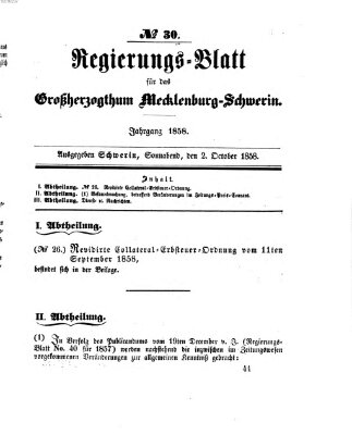 Regierungsblatt für Mecklenburg-Schwerin (Großherzoglich-Mecklenburg-Schwerinsches officielles Wochenblatt) Samstag 2. Oktober 1858