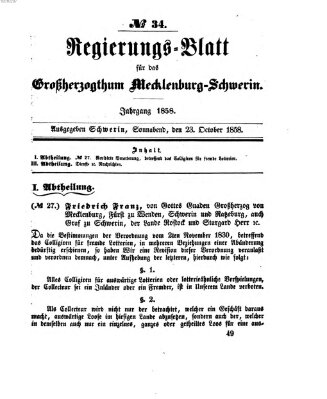 Regierungsblatt für Mecklenburg-Schwerin (Großherzoglich-Mecklenburg-Schwerinsches officielles Wochenblatt) Samstag 23. Oktober 1858