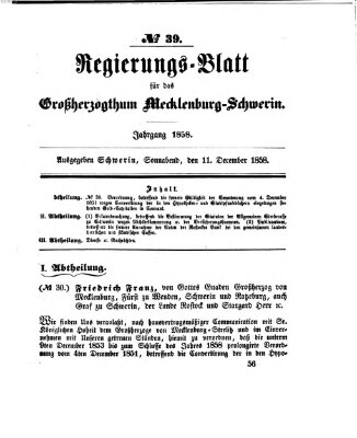 Regierungsblatt für Mecklenburg-Schwerin (Großherzoglich-Mecklenburg-Schwerinsches officielles Wochenblatt) Samstag 11. Dezember 1858
