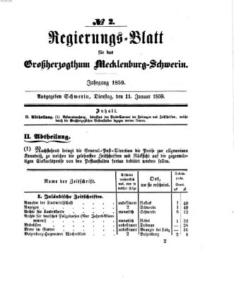 Regierungsblatt für Mecklenburg-Schwerin (Großherzoglich-Mecklenburg-Schwerinsches officielles Wochenblatt) Dienstag 11. Januar 1859