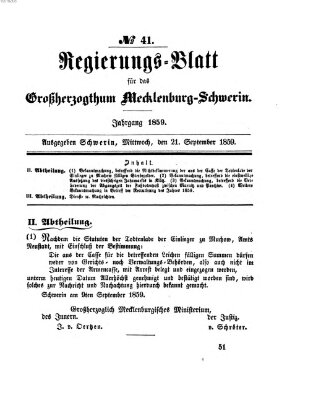 Regierungsblatt für Mecklenburg-Schwerin (Großherzoglich-Mecklenburg-Schwerinsches officielles Wochenblatt) Mittwoch 21. September 1859