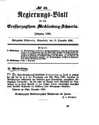 Regierungsblatt für Mecklenburg-Schwerin (Großherzoglich-Mecklenburg-Schwerinsches officielles Wochenblatt) Samstag 15. Dezember 1860