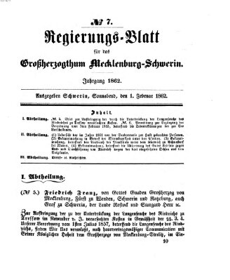 Regierungsblatt für Mecklenburg-Schwerin (Großherzoglich-Mecklenburg-Schwerinsches officielles Wochenblatt) Samstag 1. Februar 1862