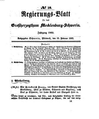 Regierungsblatt für Mecklenburg-Schwerin (Großherzoglich-Mecklenburg-Schwerinsches officielles Wochenblatt) Mittwoch 19. Februar 1862