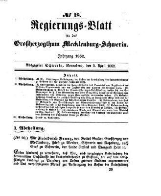 Regierungsblatt für Mecklenburg-Schwerin (Großherzoglich-Mecklenburg-Schwerinsches officielles Wochenblatt) Samstag 5. April 1862