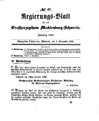Regierungsblatt für Mecklenburg-Schwerin (Großherzoglich-Mecklenburg-Schwerinsches officielles Wochenblatt) Mittwoch 5. November 1862