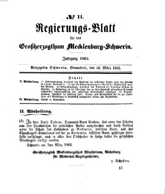 Regierungsblatt für Mecklenburg-Schwerin (Großherzoglich-Mecklenburg-Schwerinsches officielles Wochenblatt) Samstag 14. März 1863