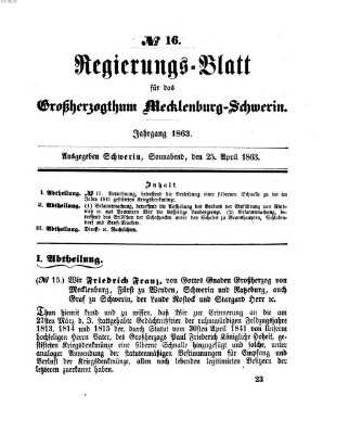 Regierungsblatt für Mecklenburg-Schwerin (Großherzoglich-Mecklenburg-Schwerinsches officielles Wochenblatt) Samstag 25. April 1863