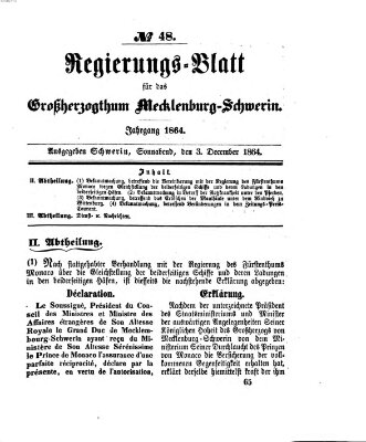 Regierungsblatt für Mecklenburg-Schwerin (Großherzoglich-Mecklenburg-Schwerinsches officielles Wochenblatt) Samstag 3. Dezember 1864