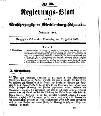 Regierungsblatt für Mecklenburg-Schwerin (Großherzoglich-Mecklenburg-Schwerinsches officielles Wochenblatt) Donnerstag 20. Juli 1865