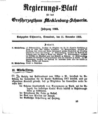 Regierungsblatt für Mecklenburg-Schwerin (Großherzoglich-Mecklenburg-Schwerinsches officielles Wochenblatt) Samstag 11. November 1865