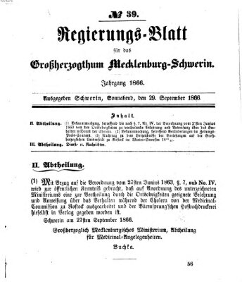 Regierungsblatt für Mecklenburg-Schwerin (Großherzoglich-Mecklenburg-Schwerinsches officielles Wochenblatt) Samstag 29. September 1866