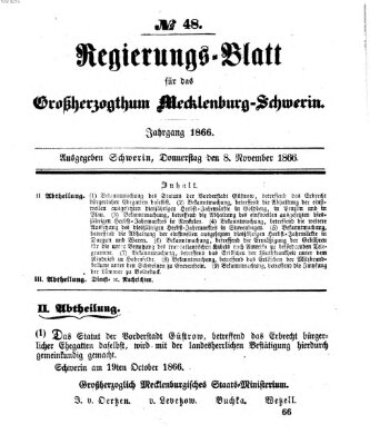 Regierungsblatt für Mecklenburg-Schwerin (Großherzoglich-Mecklenburg-Schwerinsches officielles Wochenblatt) Donnerstag 8. November 1866