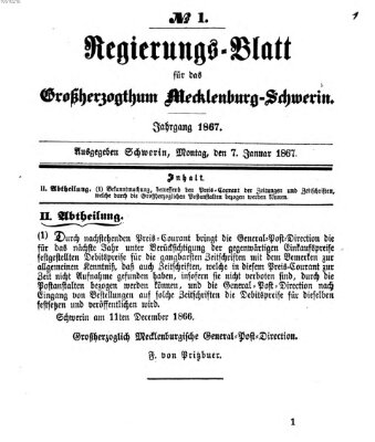 Regierungsblatt für Mecklenburg-Schwerin (Großherzoglich-Mecklenburg-Schwerinsches officielles Wochenblatt) Montag 7. Januar 1867