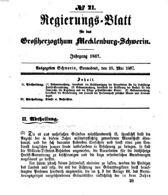 Regierungsblatt für Mecklenburg-Schwerin (Großherzoglich-Mecklenburg-Schwerinsches officielles Wochenblatt) Samstag 18. Mai 1867