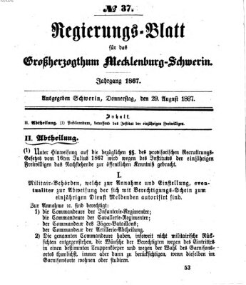 Regierungsblatt für Mecklenburg-Schwerin (Großherzoglich-Mecklenburg-Schwerinsches officielles Wochenblatt) Donnerstag 29. August 1867
