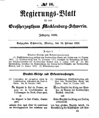 Regierungsblatt für Mecklenburg-Schwerin (Großherzoglich-Mecklenburg-Schwerinsches officielles Wochenblatt) Montag 24. Februar 1868
