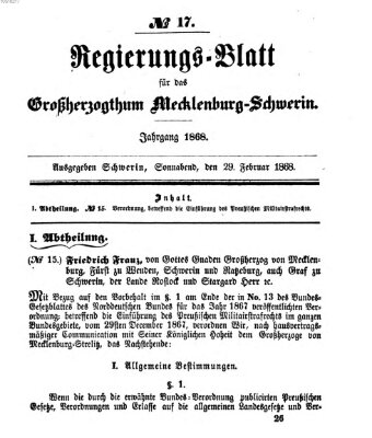 Regierungsblatt für Mecklenburg-Schwerin (Großherzoglich-Mecklenburg-Schwerinsches officielles Wochenblatt) Samstag 29. Februar 1868