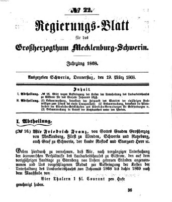 Regierungsblatt für Mecklenburg-Schwerin (Großherzoglich-Mecklenburg-Schwerinsches officielles Wochenblatt) Donnerstag 19. März 1868