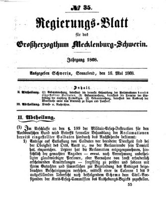 Regierungsblatt für Mecklenburg-Schwerin (Großherzoglich-Mecklenburg-Schwerinsches officielles Wochenblatt) Samstag 16. Mai 1868