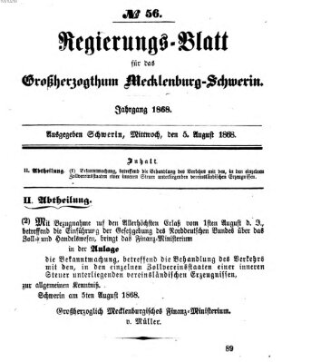 Regierungsblatt für Mecklenburg-Schwerin (Großherzoglich-Mecklenburg-Schwerinsches officielles Wochenblatt) Mittwoch 5. August 1868